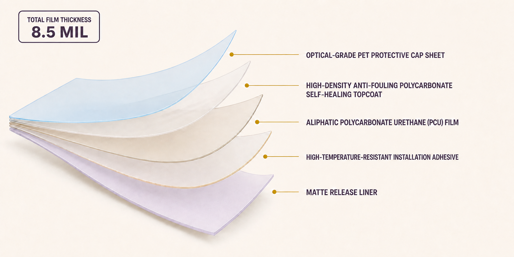 Complete AEGIS five-layer PCU film construction with an overall film thickness of 8.5 mil