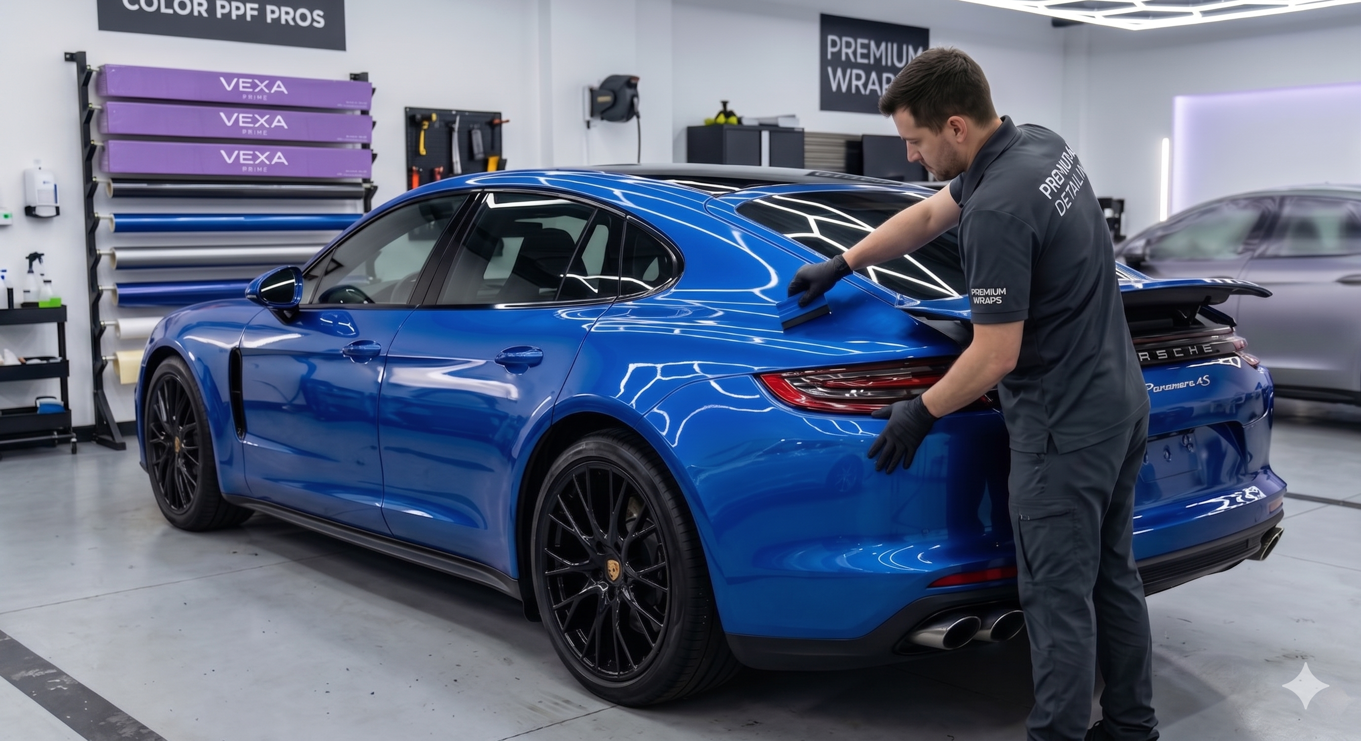 Color PPF installation on a blue vehicle