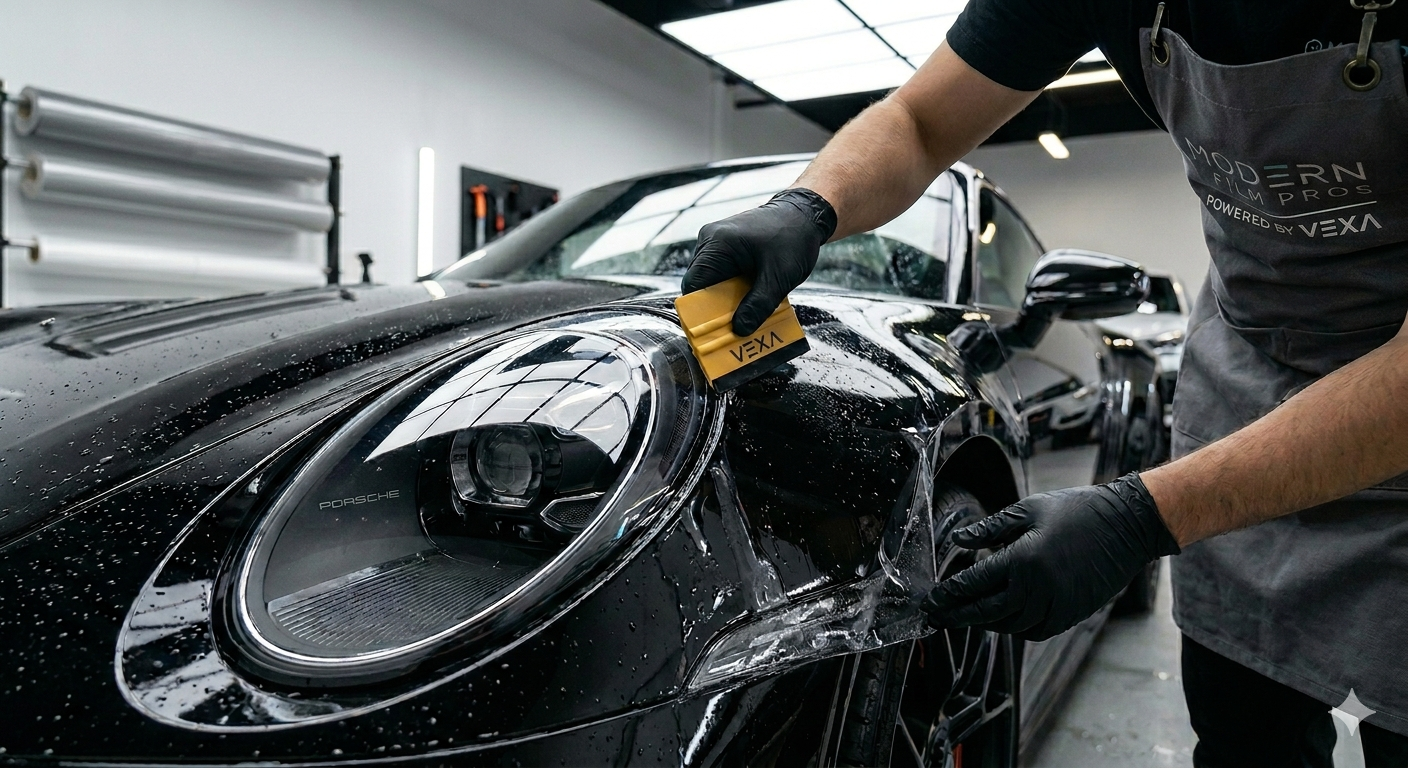 Clear PPF installation on a glossy car panel