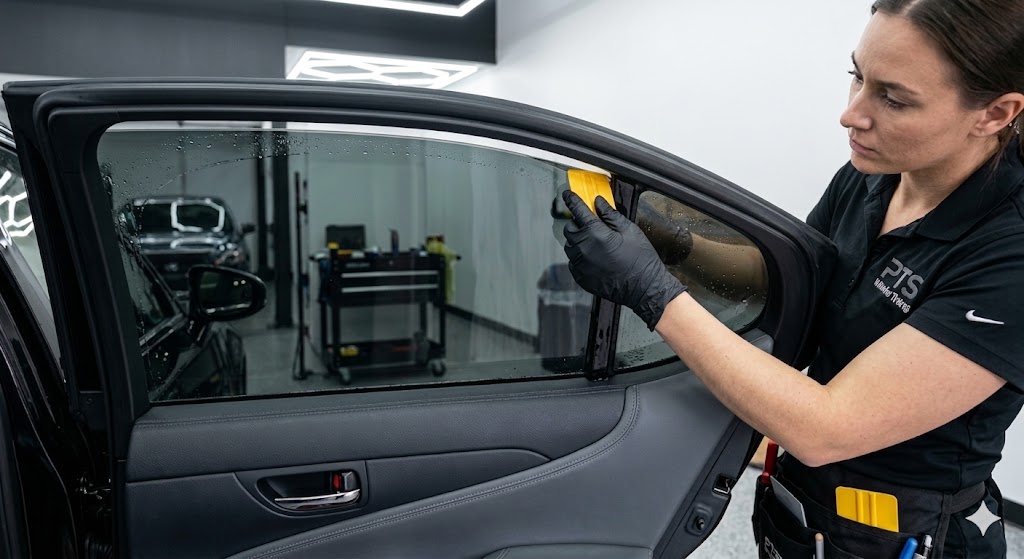 Window film installation on a vehicle side window